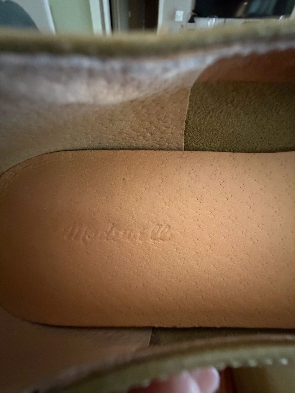 Olive Green Leather Mary Jane Flats with Black Strap - Picture 2 of 5